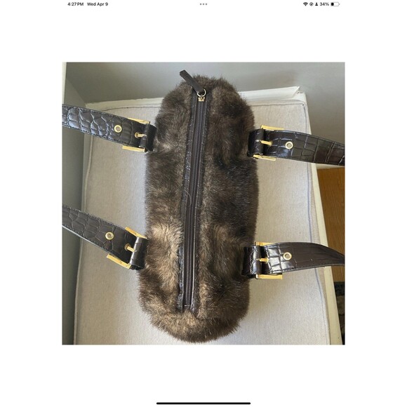 Pritzi Faux Fur Shoulder/Satchel Double Handle Handbag Brown 14” W x 5”D x 7” H - Picture 6 of 10